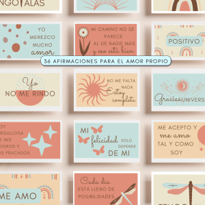 Cartas de afirmaciones de amor propio y autoestima. A collection of 36 affirmation cards for self-love, featuring pastel colors and inspirational phrases. The cards have a vintage aesthetic with floral and celestial designs, and positive affirmations in Spanish.
