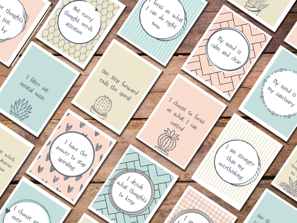 A selection of positive affirmation cards designed to stop overthinking.