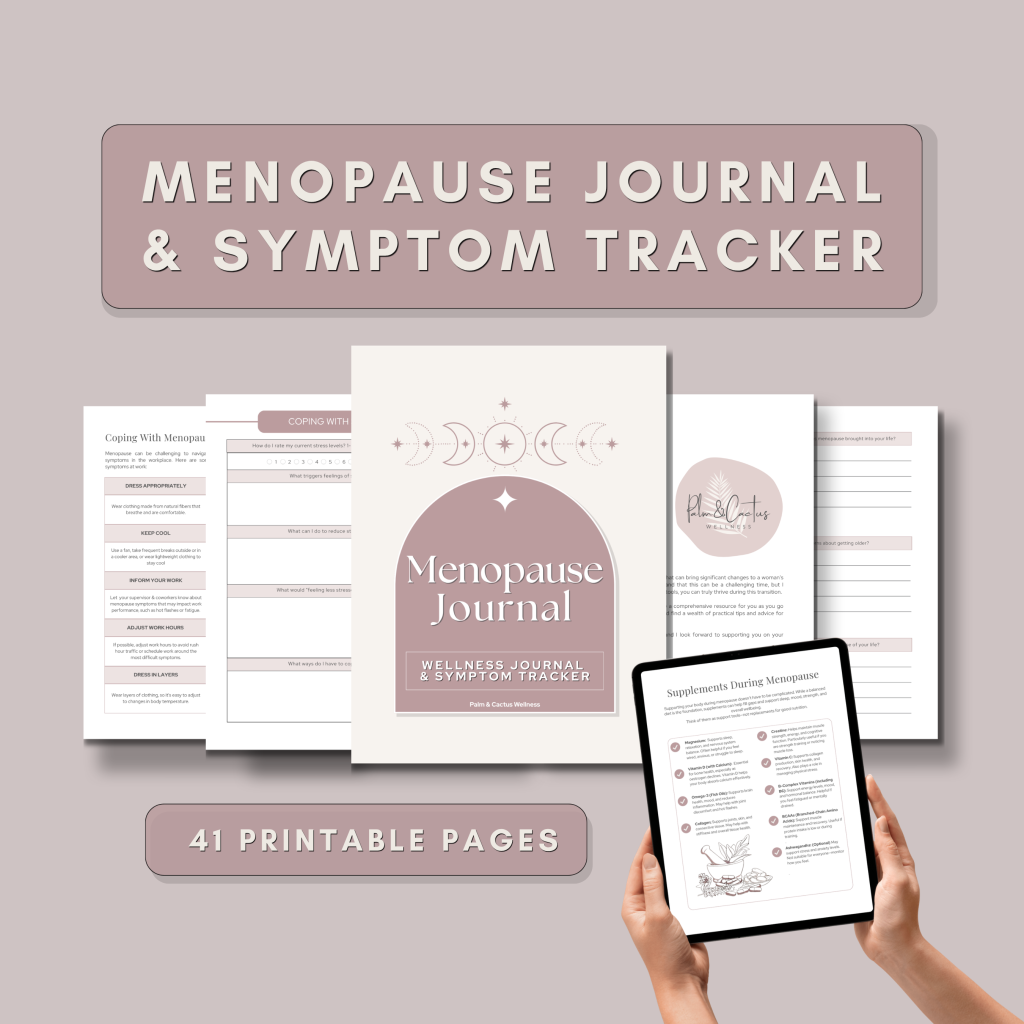 Pages of the Menopause symptom tracker and wellness journal on a dusky pink background. Also we see a tablet or iPad with a page of the journal downloaded, so we see it is also digitally fillable. A text overlay says "41 printable pages".