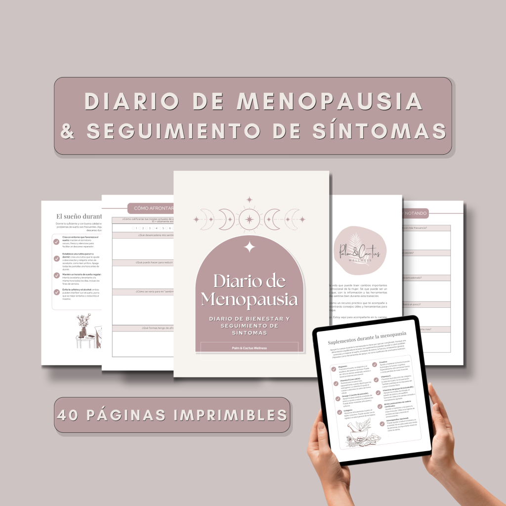 Pages of the Menopause symptom tracker and wellness journal on a dusky pink background. The text overlay in Spanish is "Diario de Menopausia y seguimiento de síntomas" .Also we see a tablet or iPad with a page of the journal downloaded, so we see it is also digitally fillable. A text overlay says "40 páginas imprimibles”.